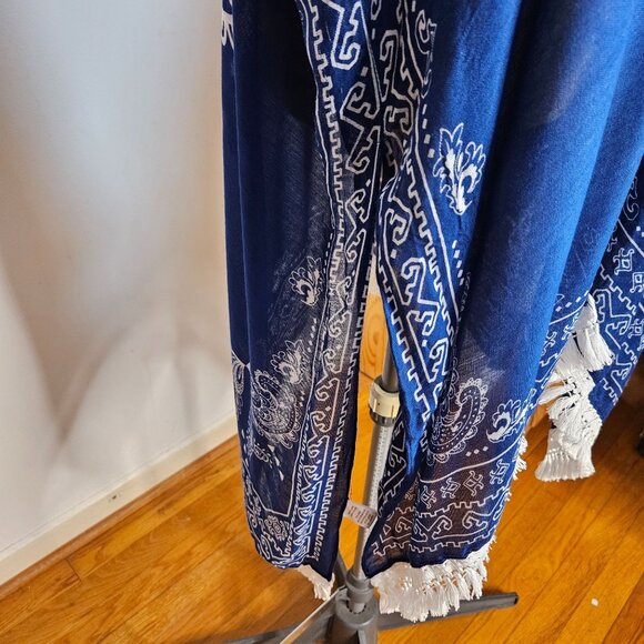 Woman's Woven Heart kimono boho medallion print fringe accent blue cover up S1 - Picture 7 of 11